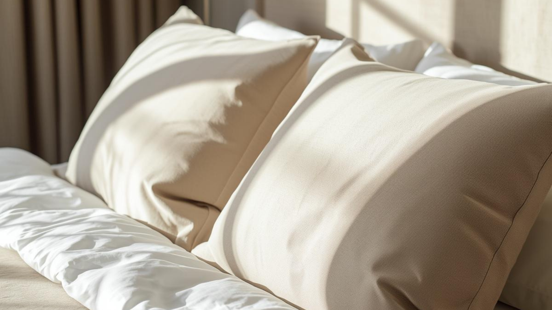 Two beige pillows resting on a bed with white bedding, illuminated by soft sunlight casting diagonal shadows.