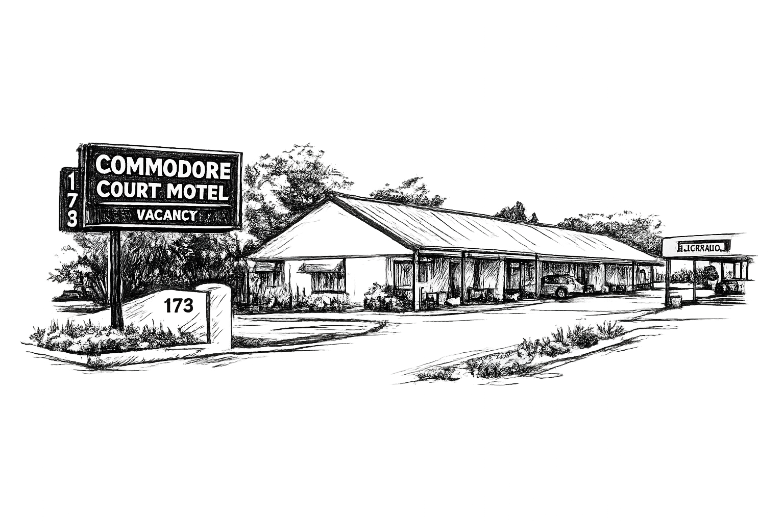 A black-and-white line drawing of the Commodore Court Motel, featuring its entrance sign and building exterior.