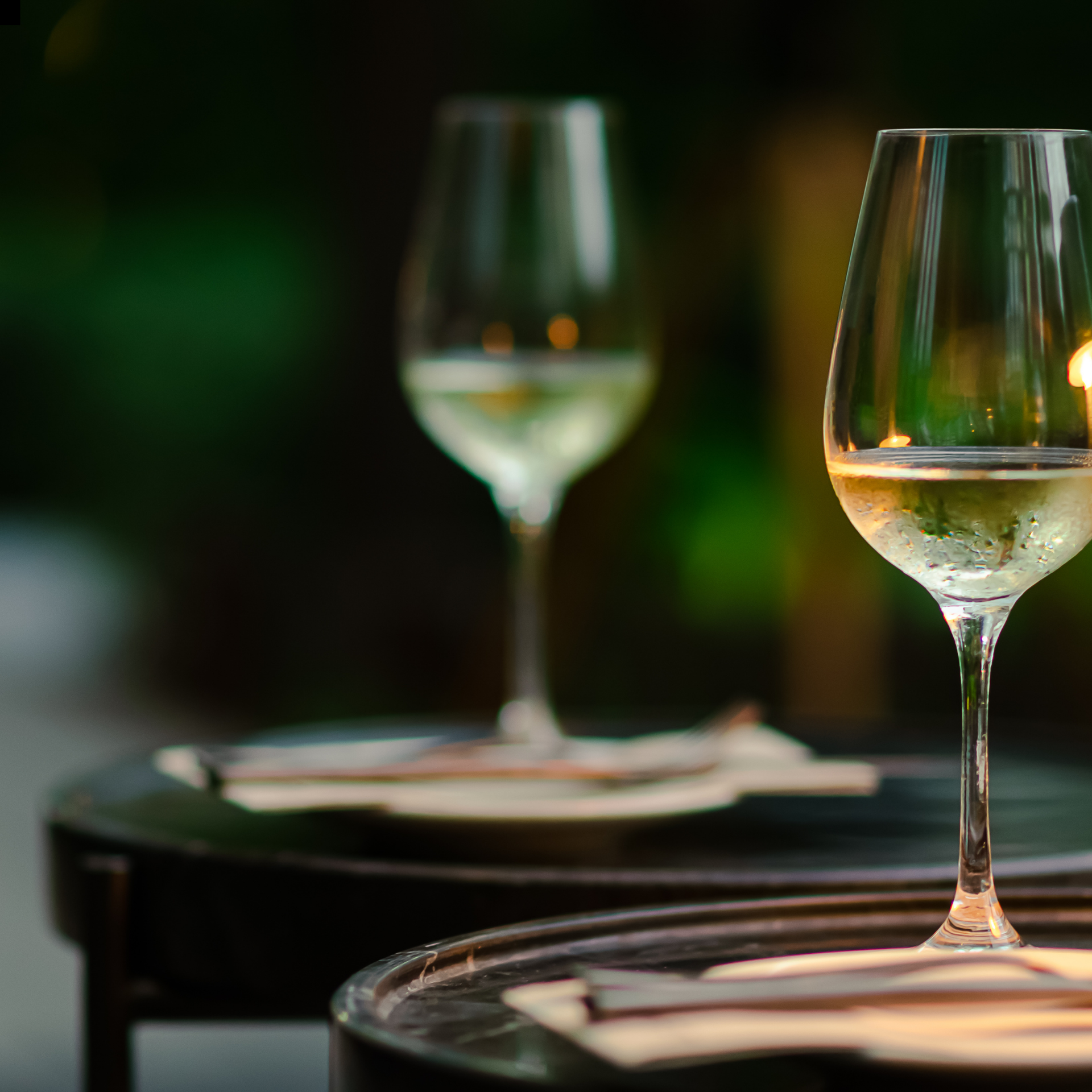 Two glasses of white wine sit on dark, round outdoor tables in a softly lit, garden setting.
