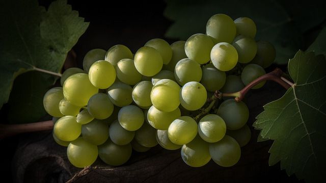A cluster of light green grapes on the vine, illuminated against a dark, moody background.