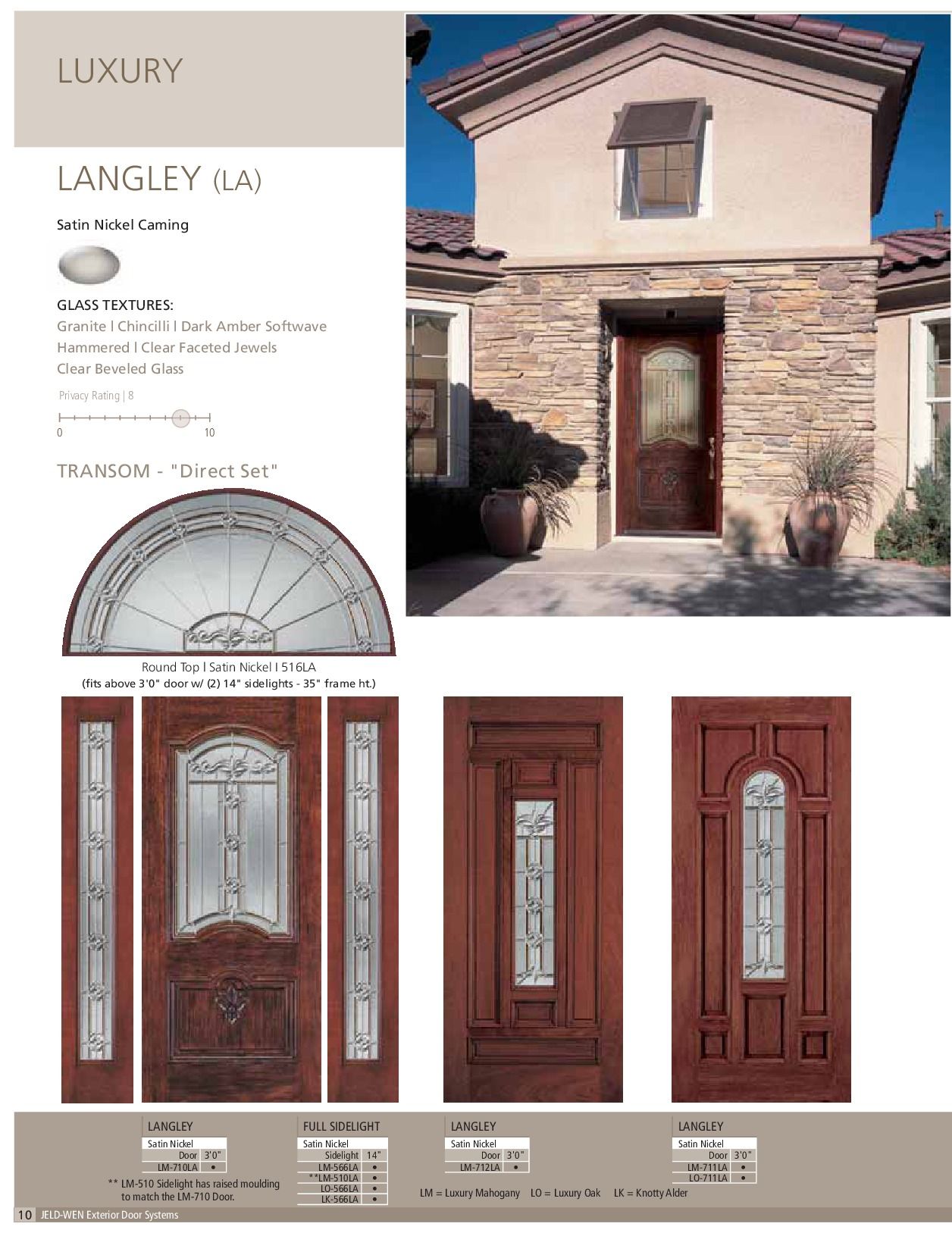 Brochure page: Langley entry doors. Images of the doors in various styles. Brown tones.