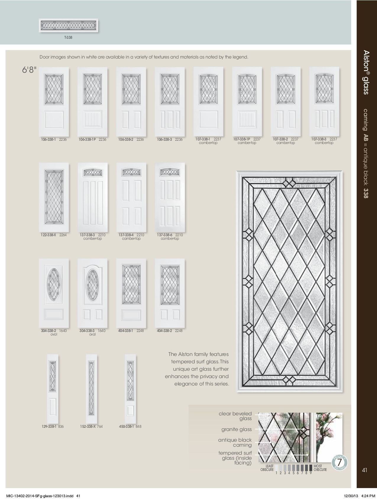 Catalog page: Various white doors with glass panels and decorative trim.