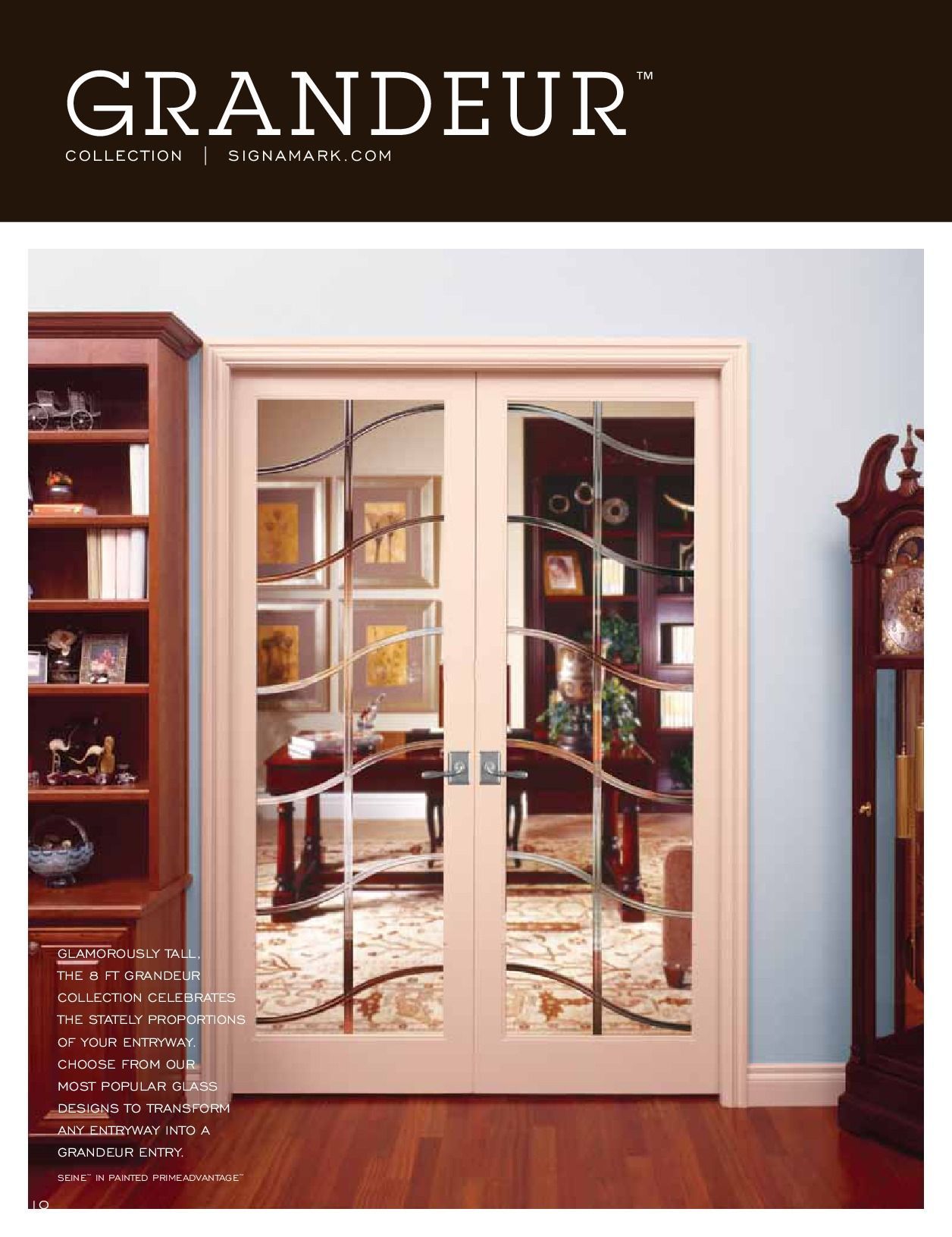 Double doors with decorative glass panels, beige frame, with a home interior visible through the glass.