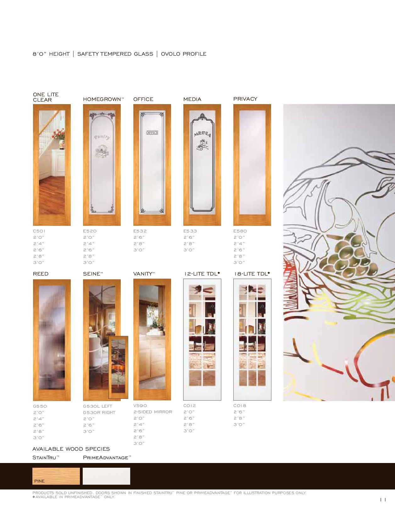 A page showing various wood framed doors with glass panels, some etched, in a catalog layout.