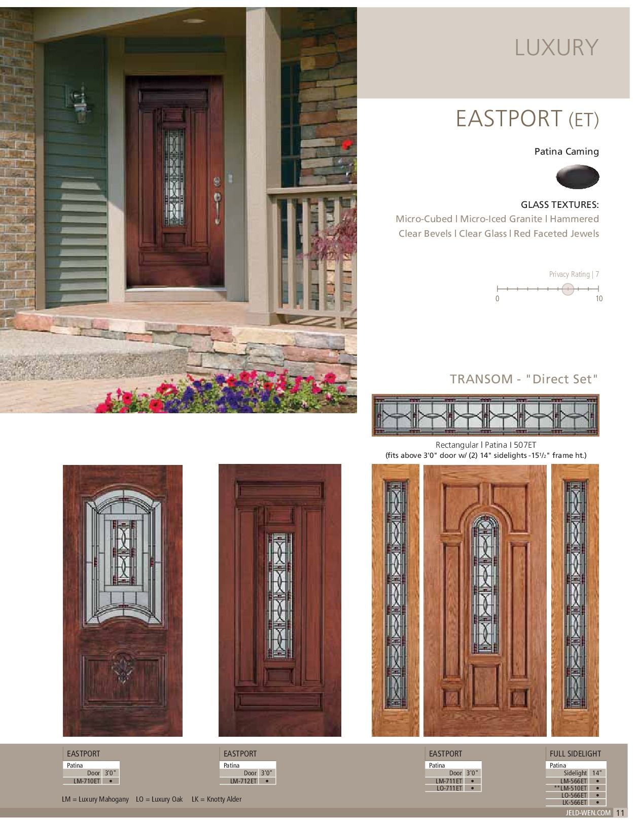 Luxurious wooden entry door with glass panel and sidelights; brochure layout.
