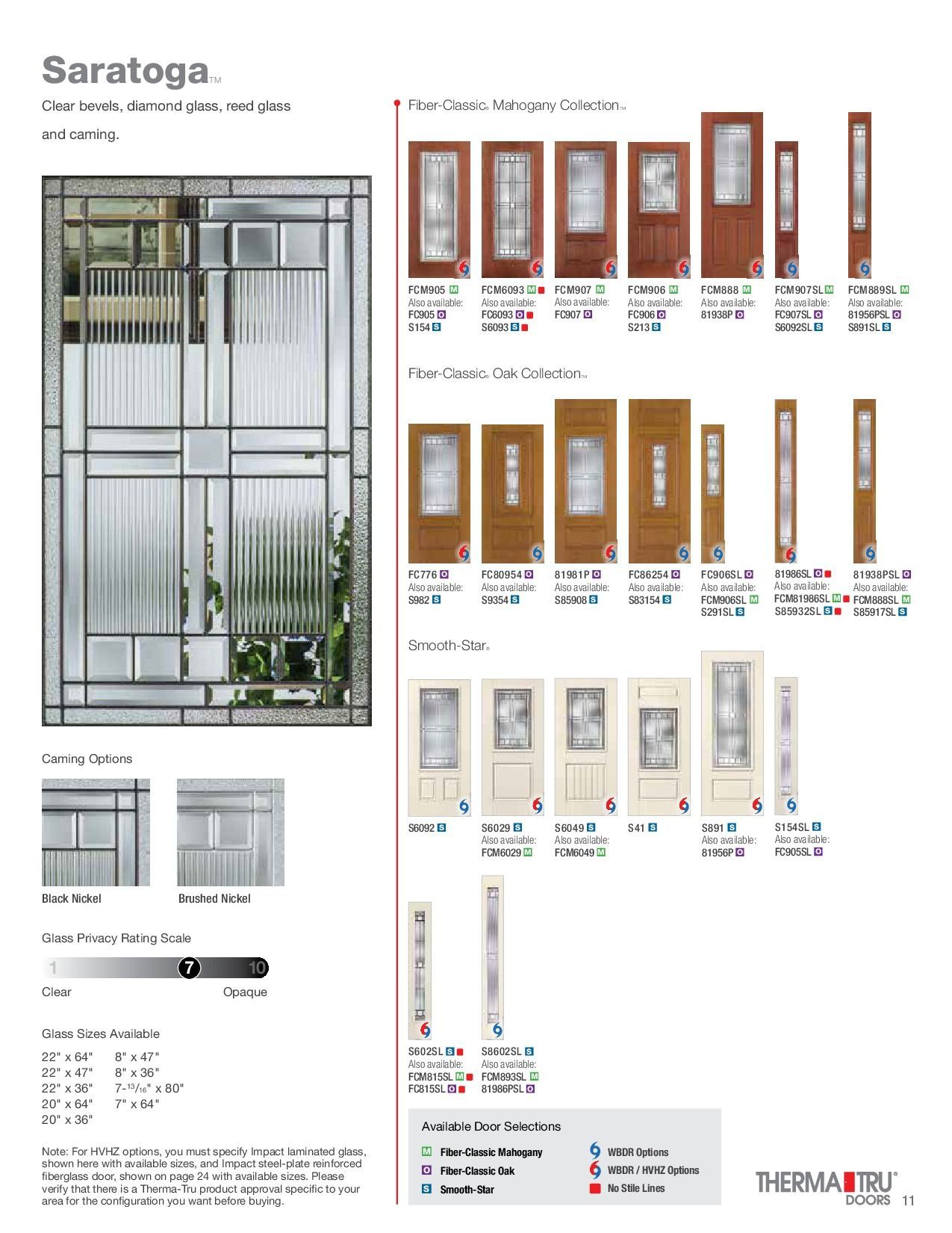 Saratoga door styles catalog. Various door styles, colors, and glass panel options.