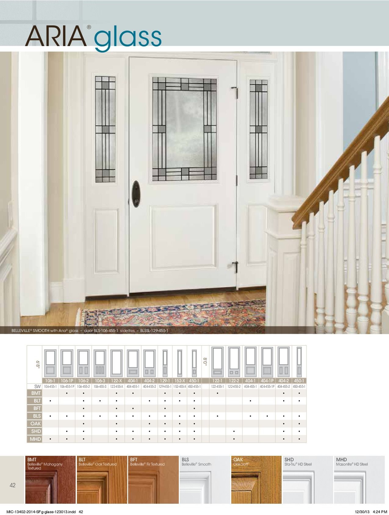 White front door with glass panels, Aria Glass brand, interior view.