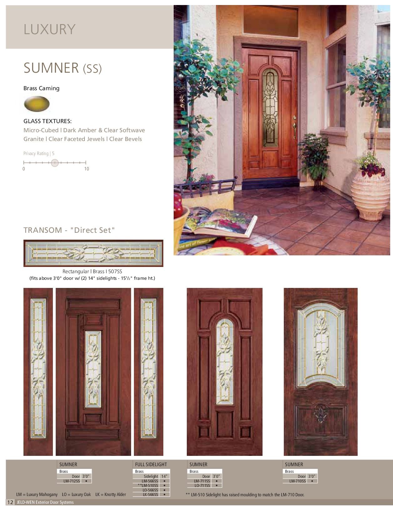 Advertisement for a luxury door. Shows a door installed, and several door design options in wood tones.