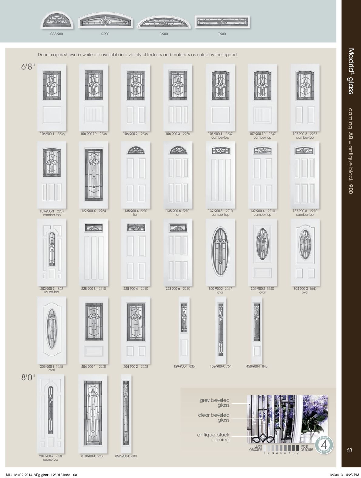 A catalog page showcasing various white exterior doors with glass panels and decorative elements.