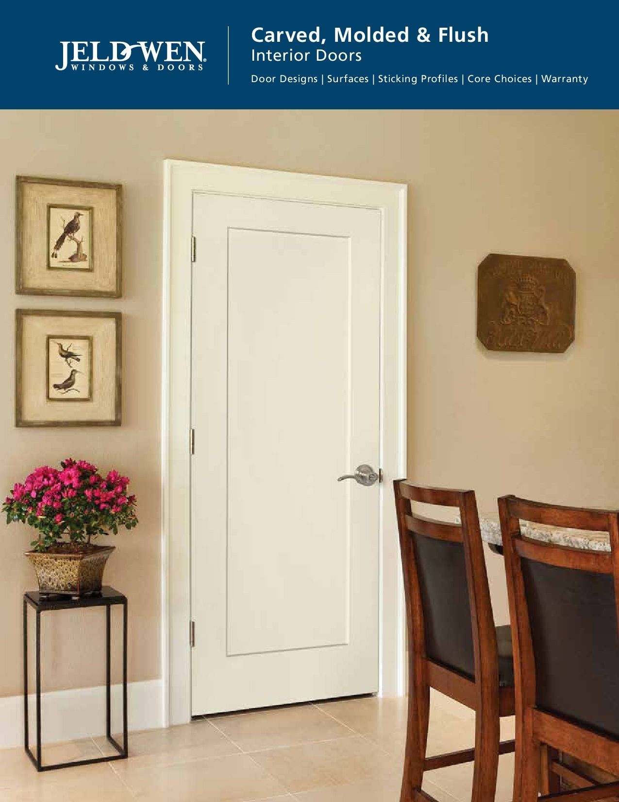 JELD-WEN interior door with a two-panel design, displayed in a room with art and furniture.
