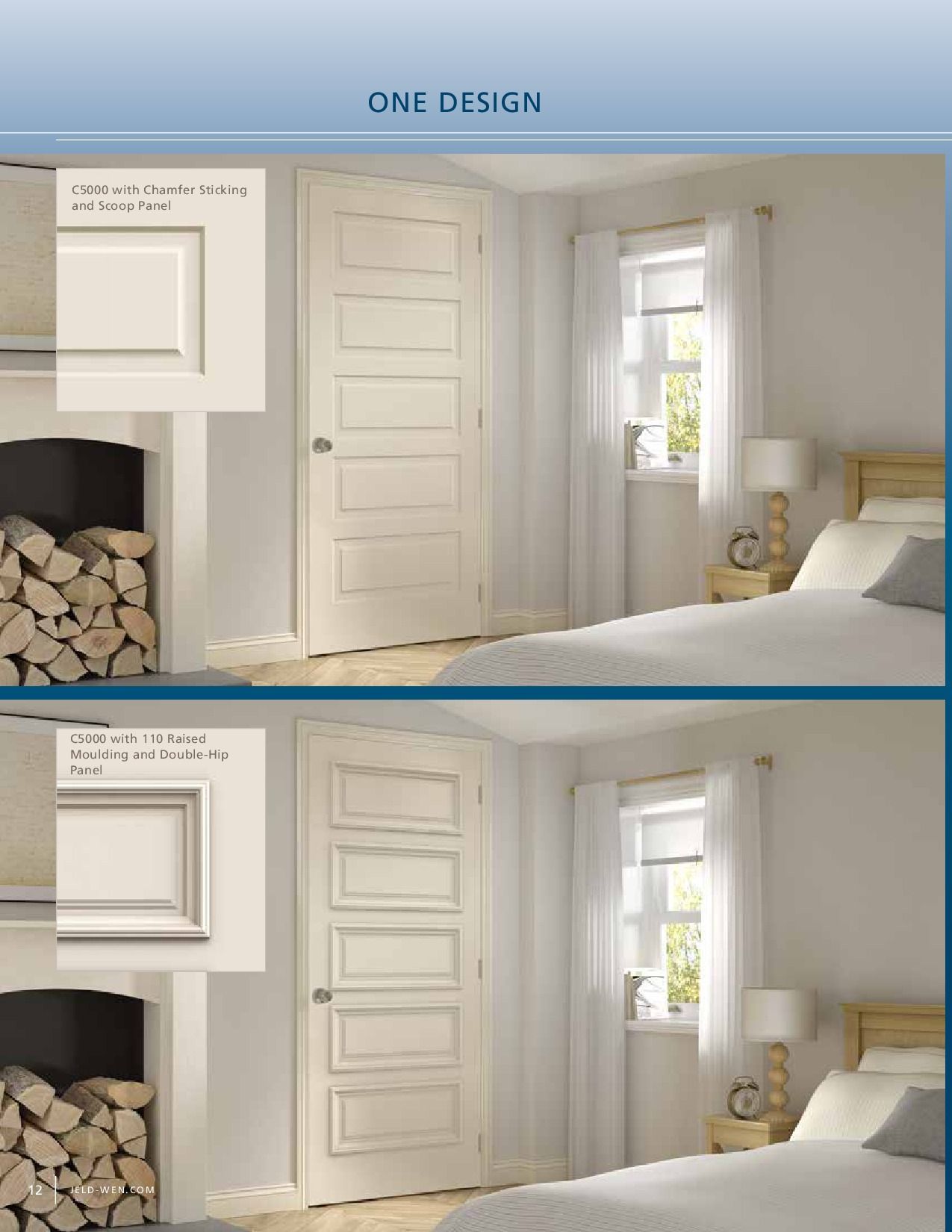 Two bedroom door designs with contrasting trim and fireplace.