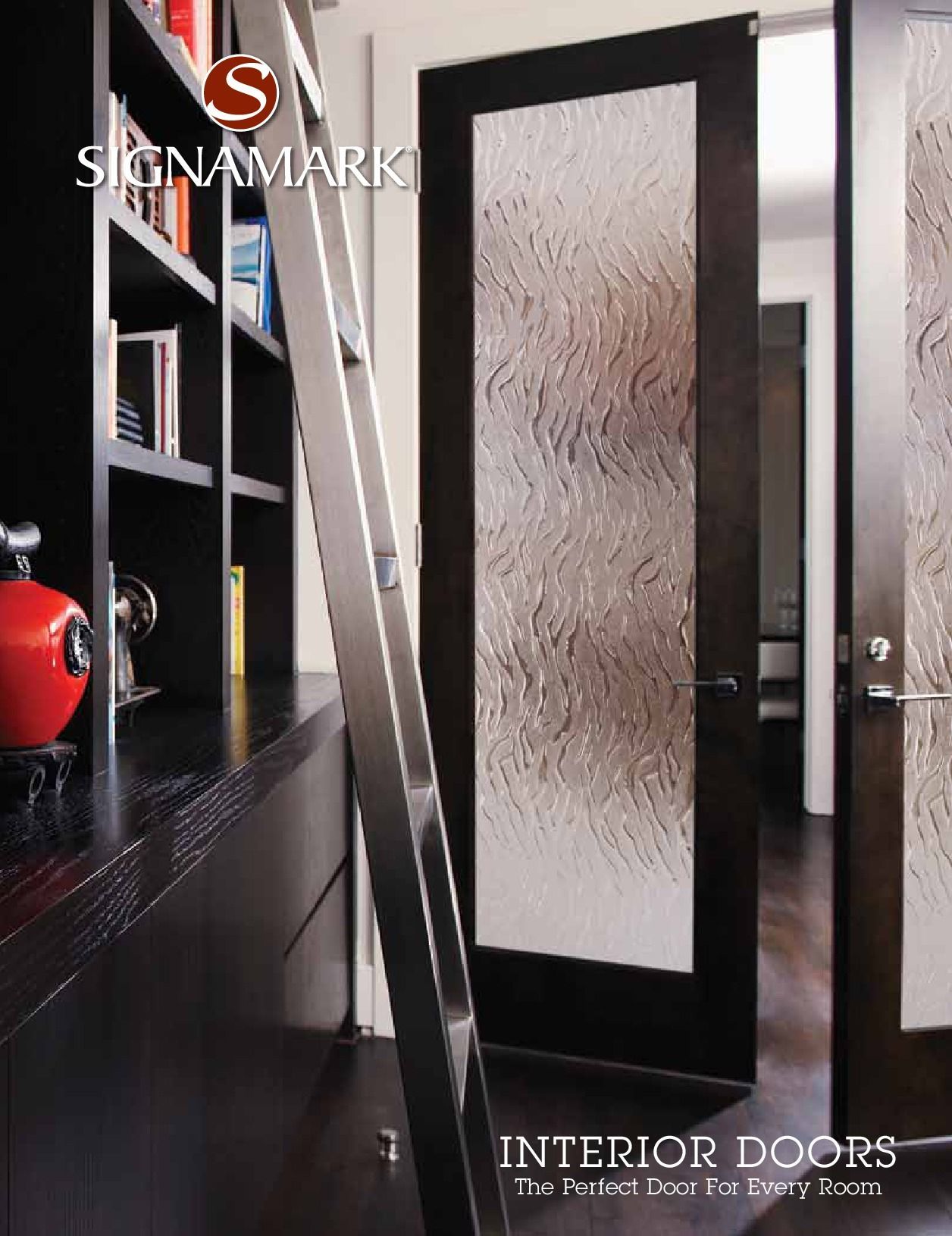 Black interior door with textured glass panel, next to a dark bookshelf.