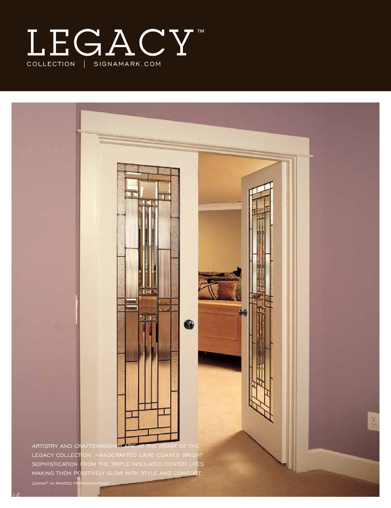 White double doors with stained glass panels, open to a bedroom with a bed.