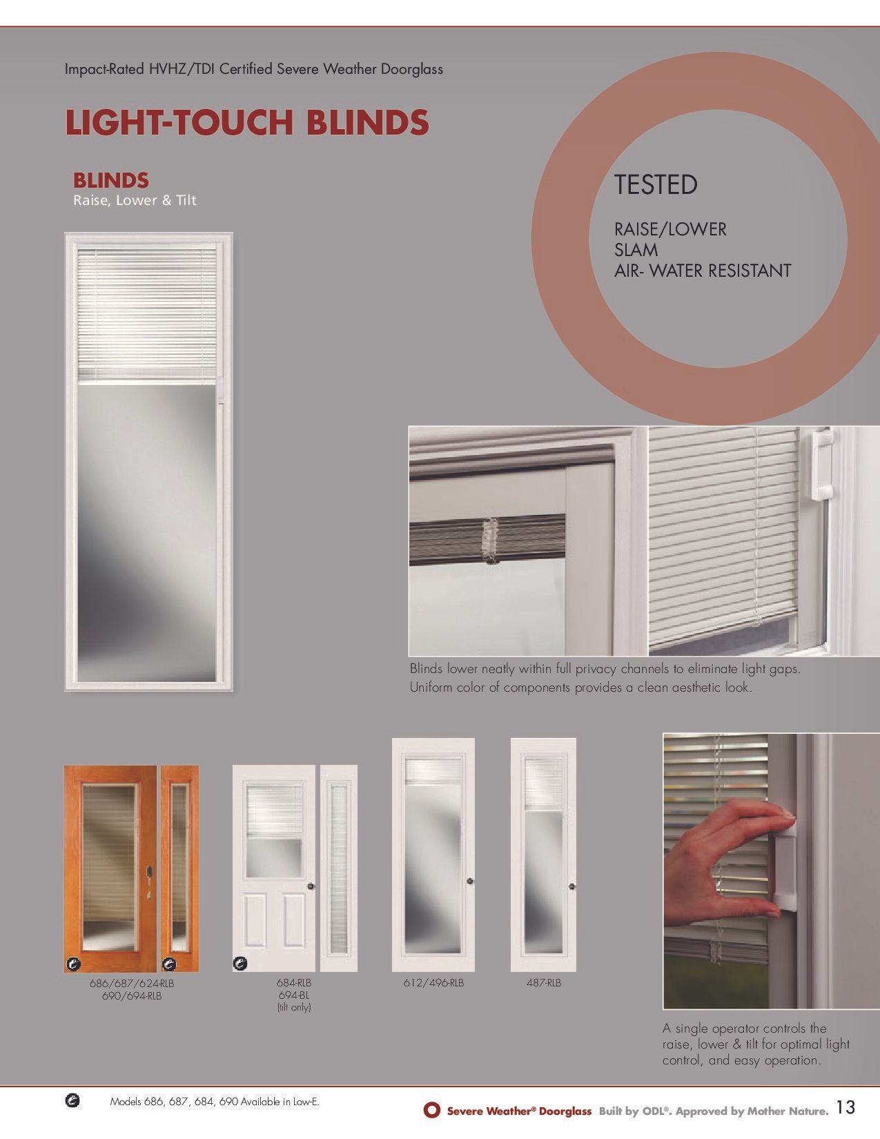 Light-touch blinds brochure with door examples. A hand adjusts a blind. Beige and white tones.