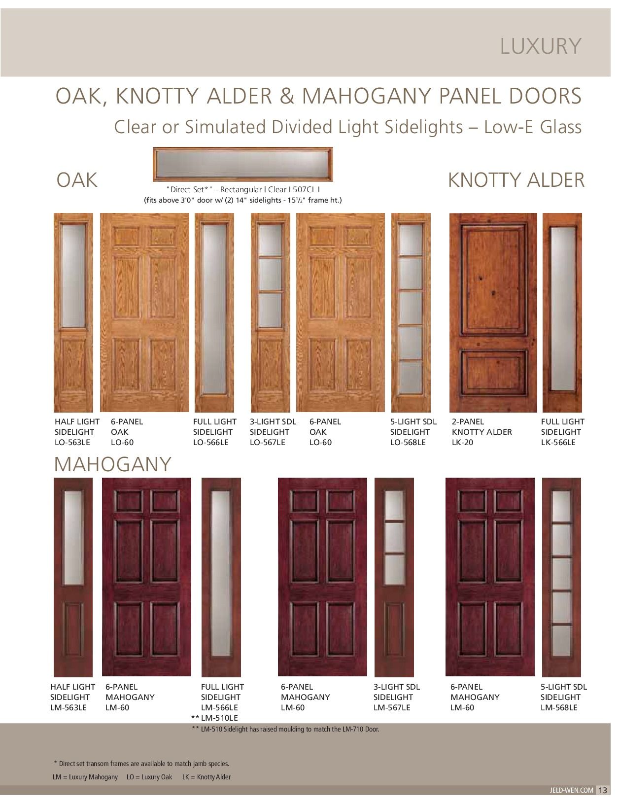 Panel doors made of Oak, Knotty Alder & Mahogany with clear or simulated divided light sidelights.