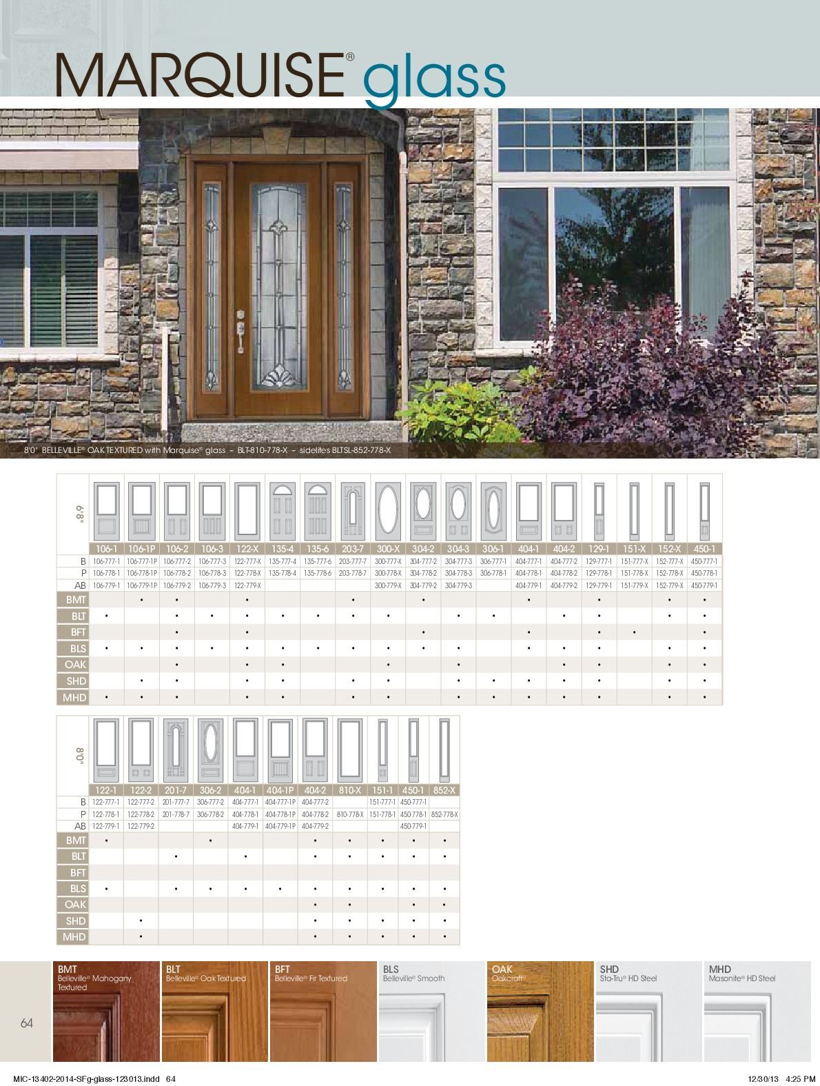 Marquise glass door catalog with sample door styles, grid, and color swatches.