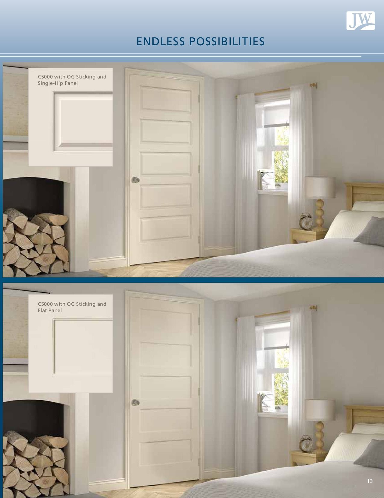 Two bedroom scenes with doors; the upper one has a fireplace, the lower one does not. Both have sample door swatches.