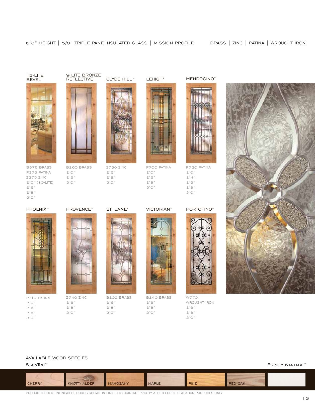 Page showing various glass door designs with wooden frames.