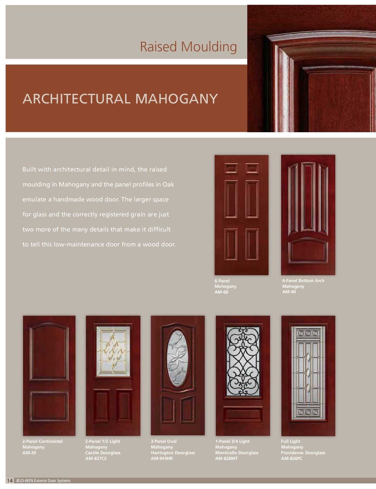 Architectural mahogany doors, various panel styles, raised moulding. Dark reddish-brown, white background.