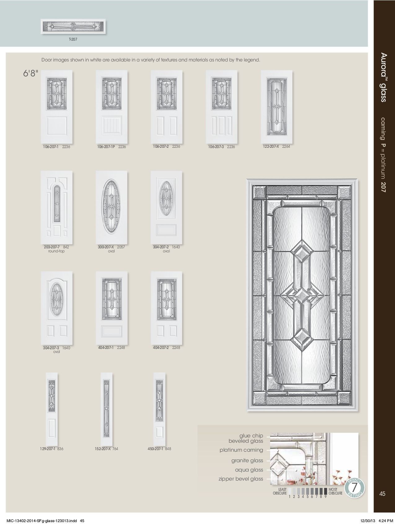 Catalog page showing various white entry doors with glass panels, and a large etched glass window.
