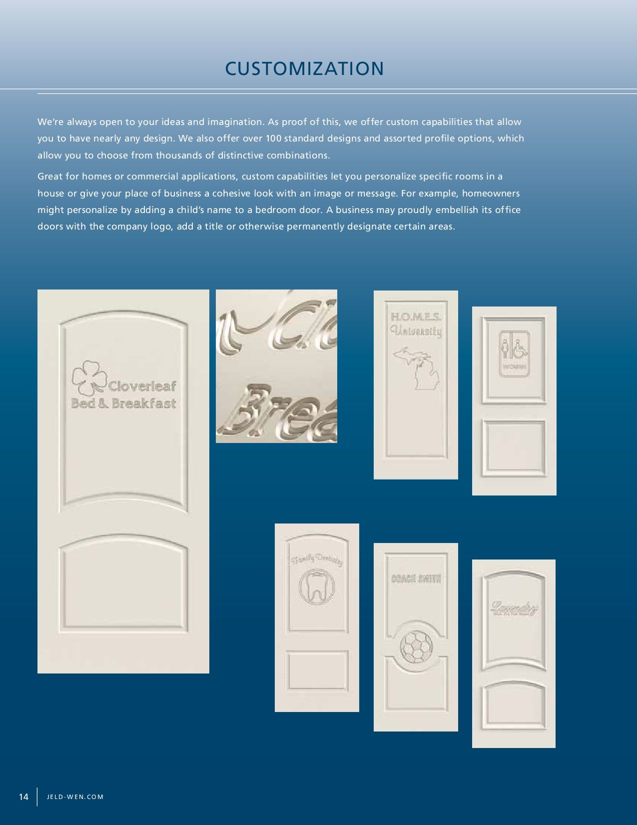 Custom door samples with various designs, logos, and decorative elements.