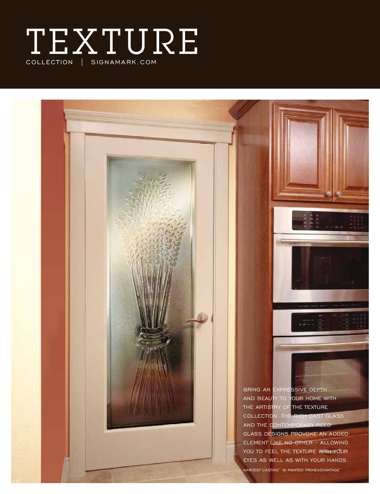 Frosted glass door with floral design in a kitchen, adjacent to built-in ovens and brown cabinets.