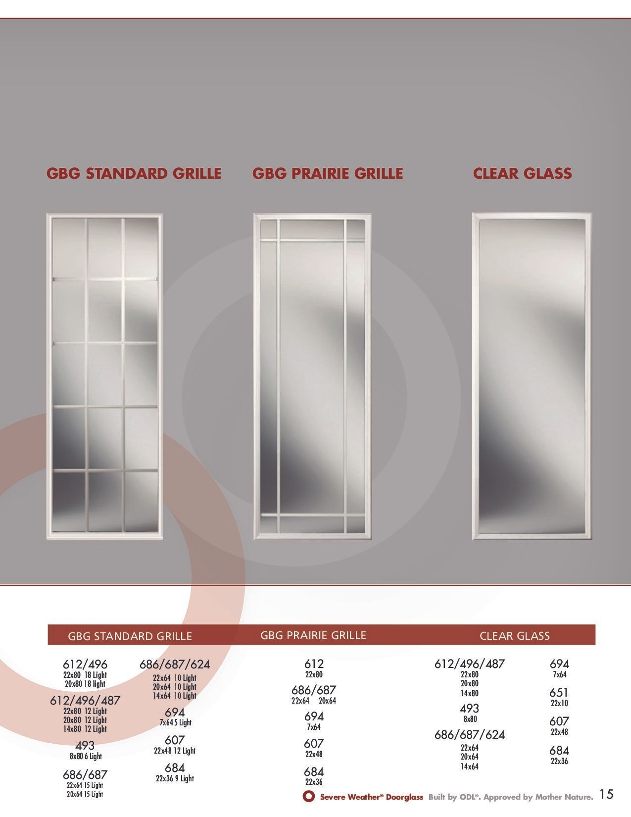 Three door designs: standard, framed, and clear glass, with a table of dimensions below.