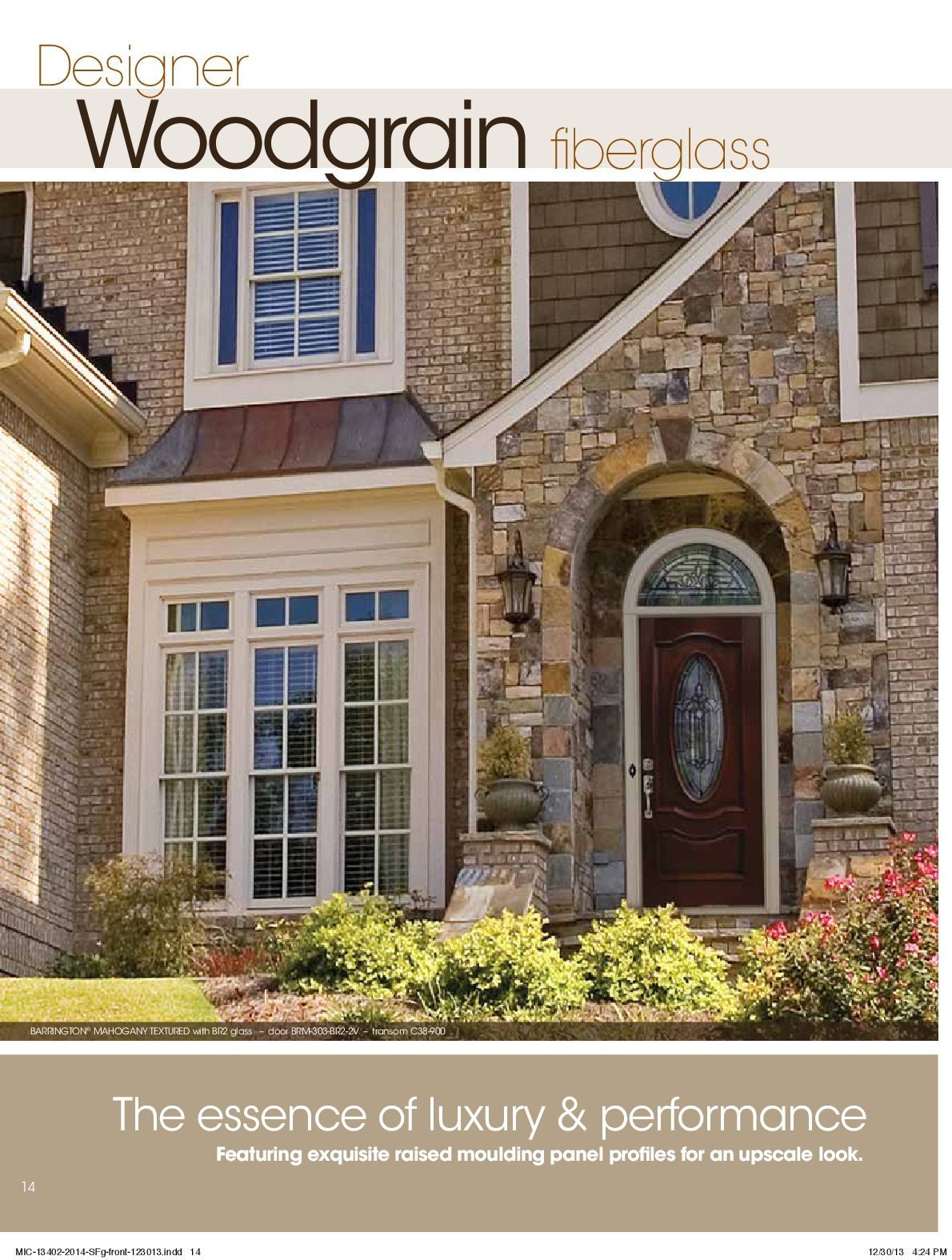 A brochure promoting woodgrain fiberglass doors. A home's entrance with a brown door and stone facade is shown.