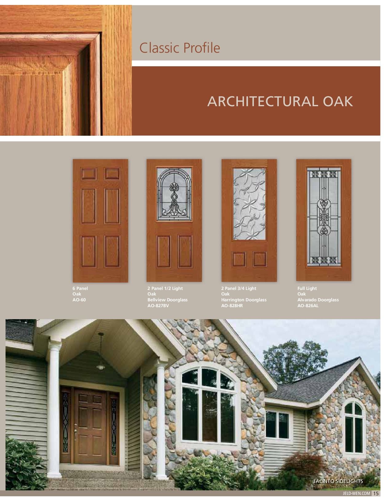 Architectural oak door options and home exterior. Various door styles showcased, in brown against a home with stone siding.