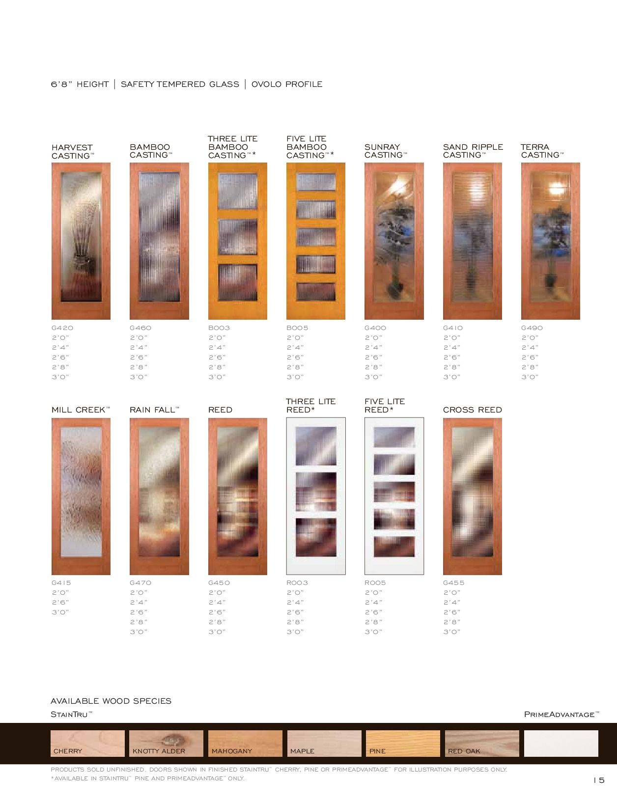 Page of interior doors with glass panels in various styles and finishes.