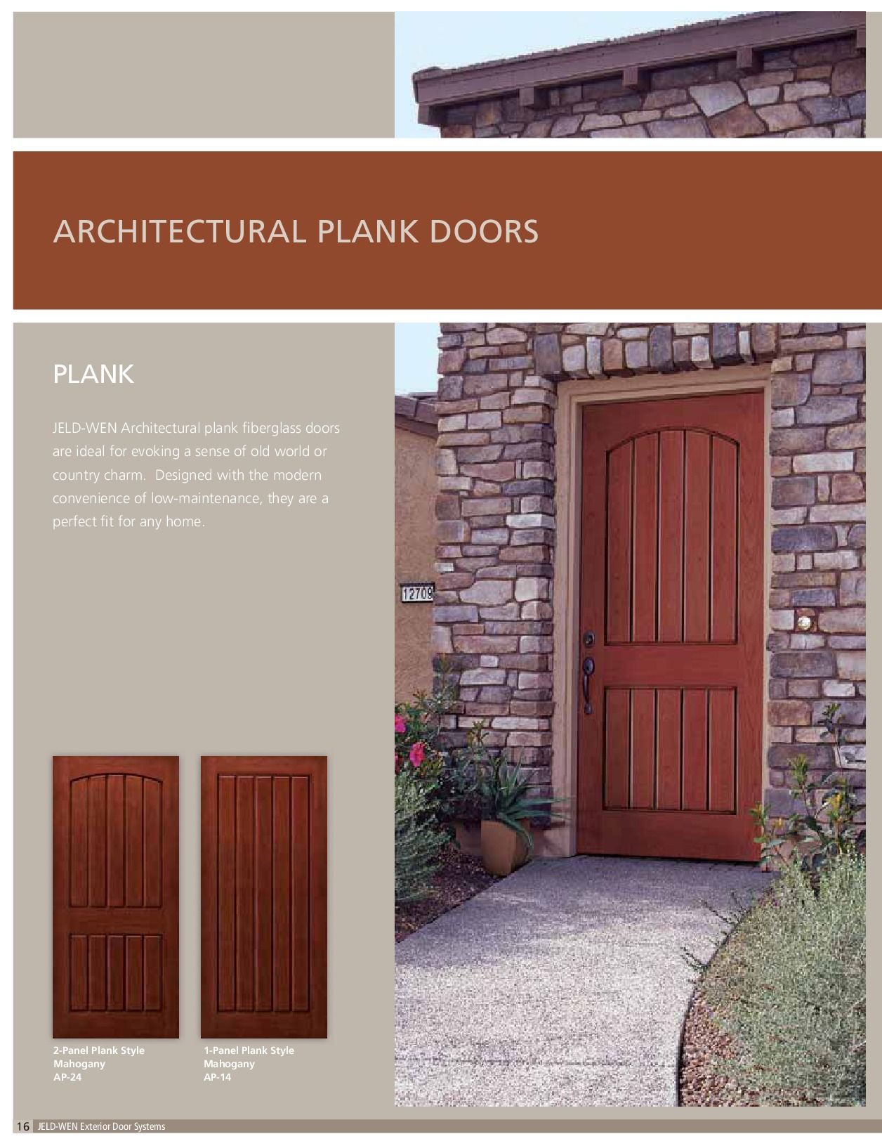 Architectural Plank Door page with a red plank door in a stone building entrance.