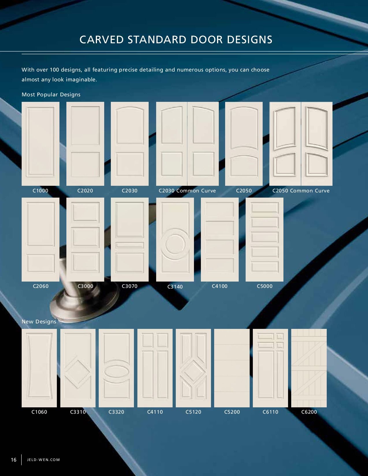 Collection of carved standard door designs in white, displayed on a blue background.