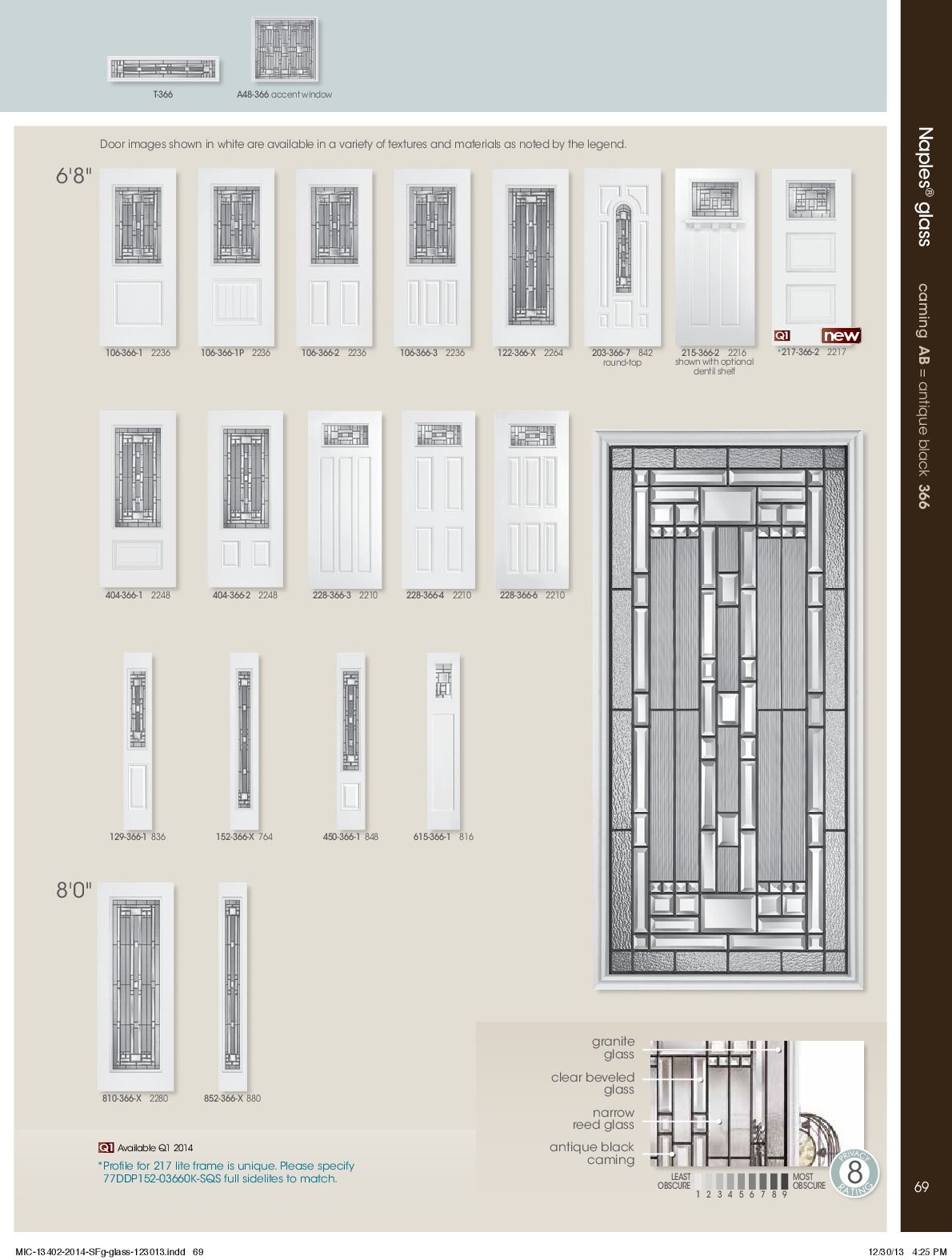 Catalog page of white entry doors and sidelights, with glass panels and hardware options.