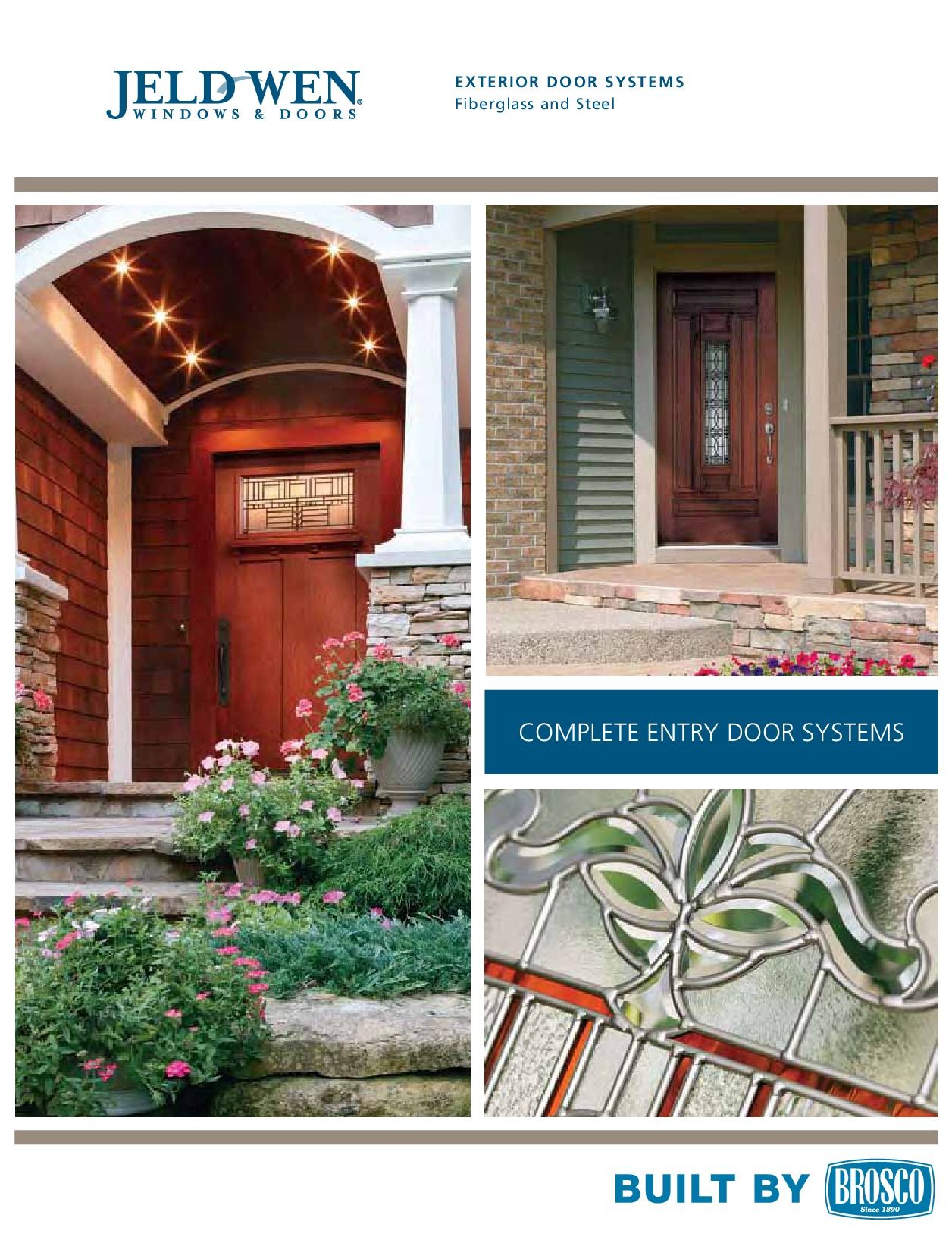 JELD-WEN brochure: Exterior door systems. Features an entrance door, glass detail, and landscaping.