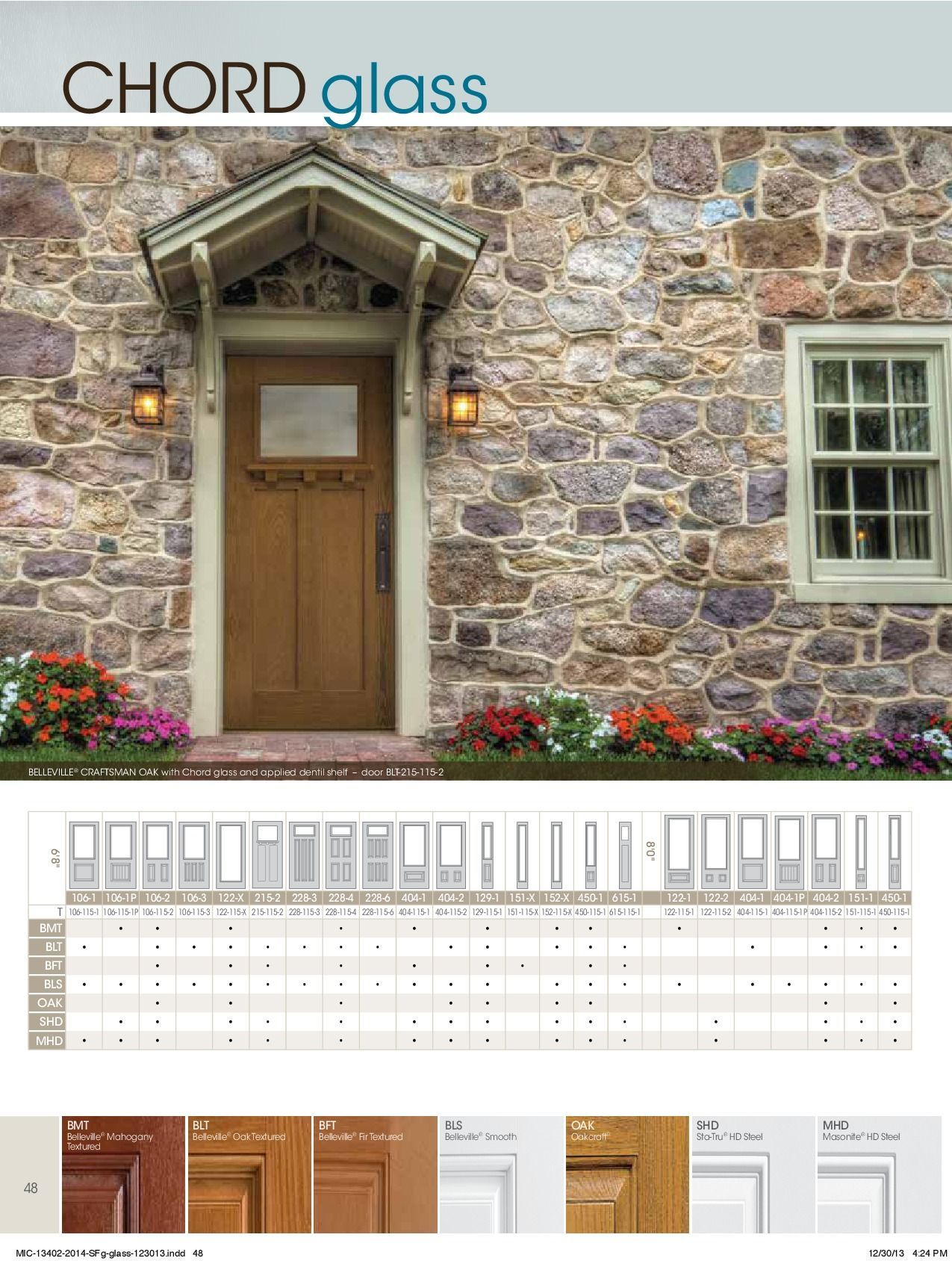 Stone facade with a wooden door under an overhang and a window. Product catalog with various door styles.