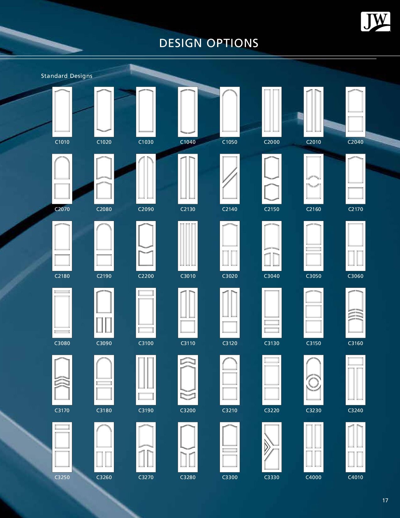 Catalog page with door design options. Blue background, many white door designs.