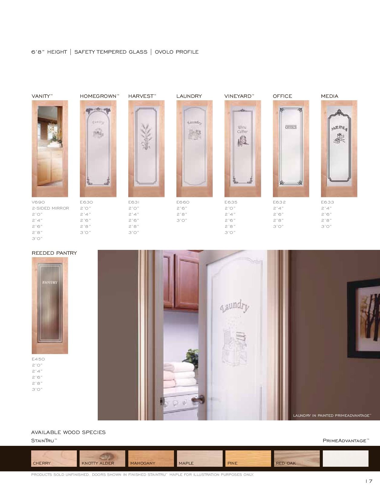 Collection of pantry doors with various frosted glass designs and wood finishes.