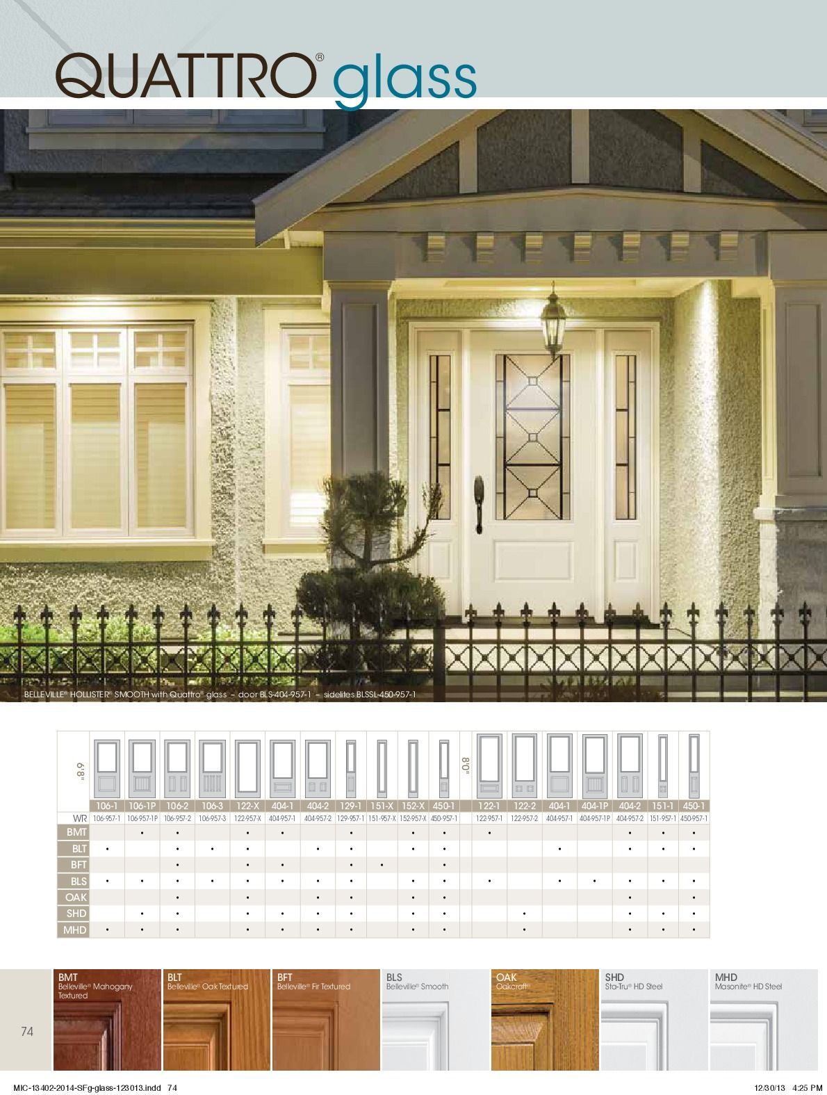 Quattro glass brochure: Front door and window of a house, with a design options chart below.