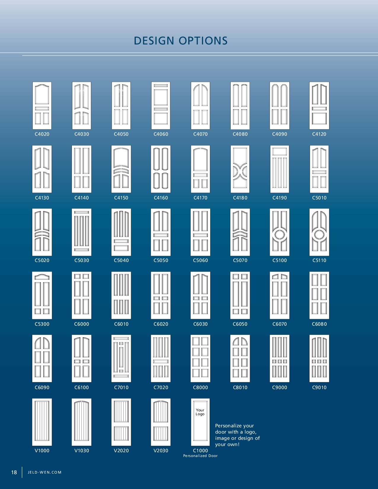 Design options for various white doors on a blue background.