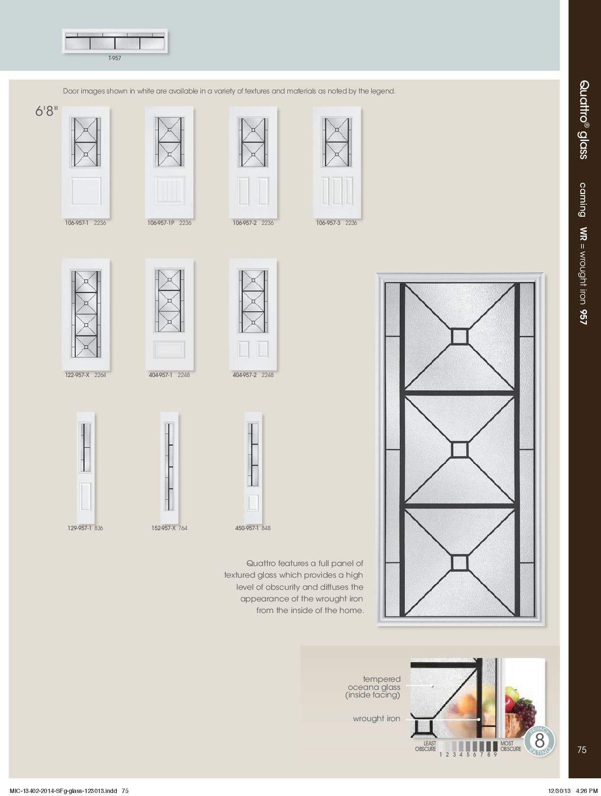 Various white doors with different glass designs, and a larger door with black grid and decorative glass.