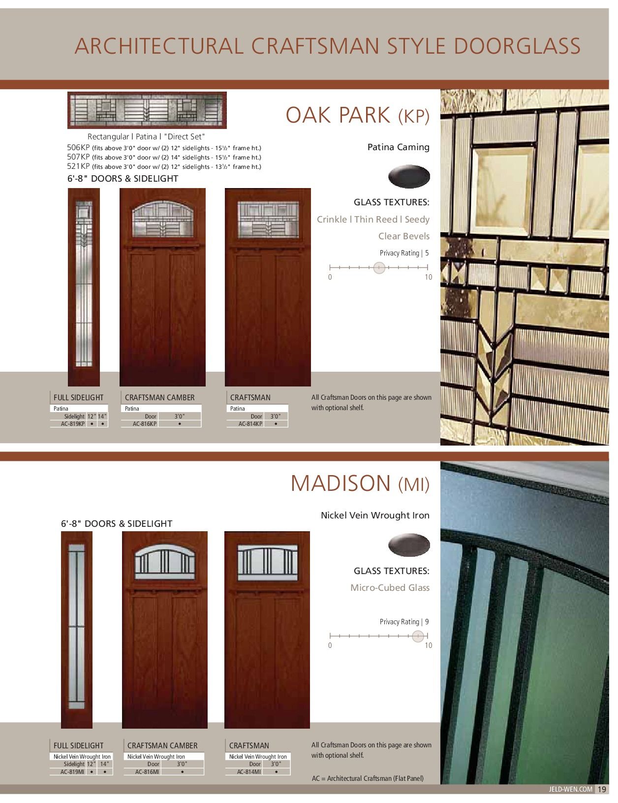 Architectural craftsman style door glass catalog page: Oak Park and Madison door styles, wooden doors, glass details.