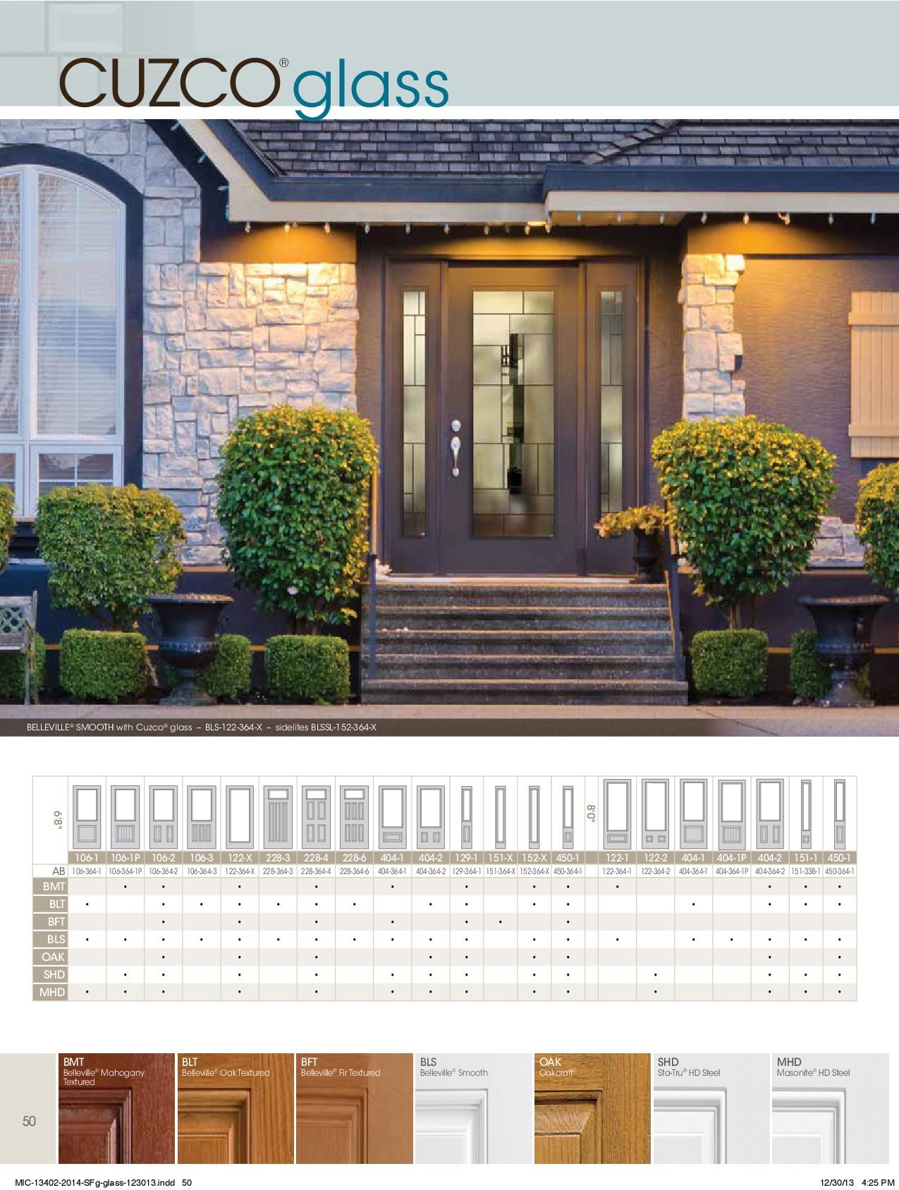 Exterior door display with Cuzco Glass logo. A house front view with a glass door and side panels. Product options listed below.