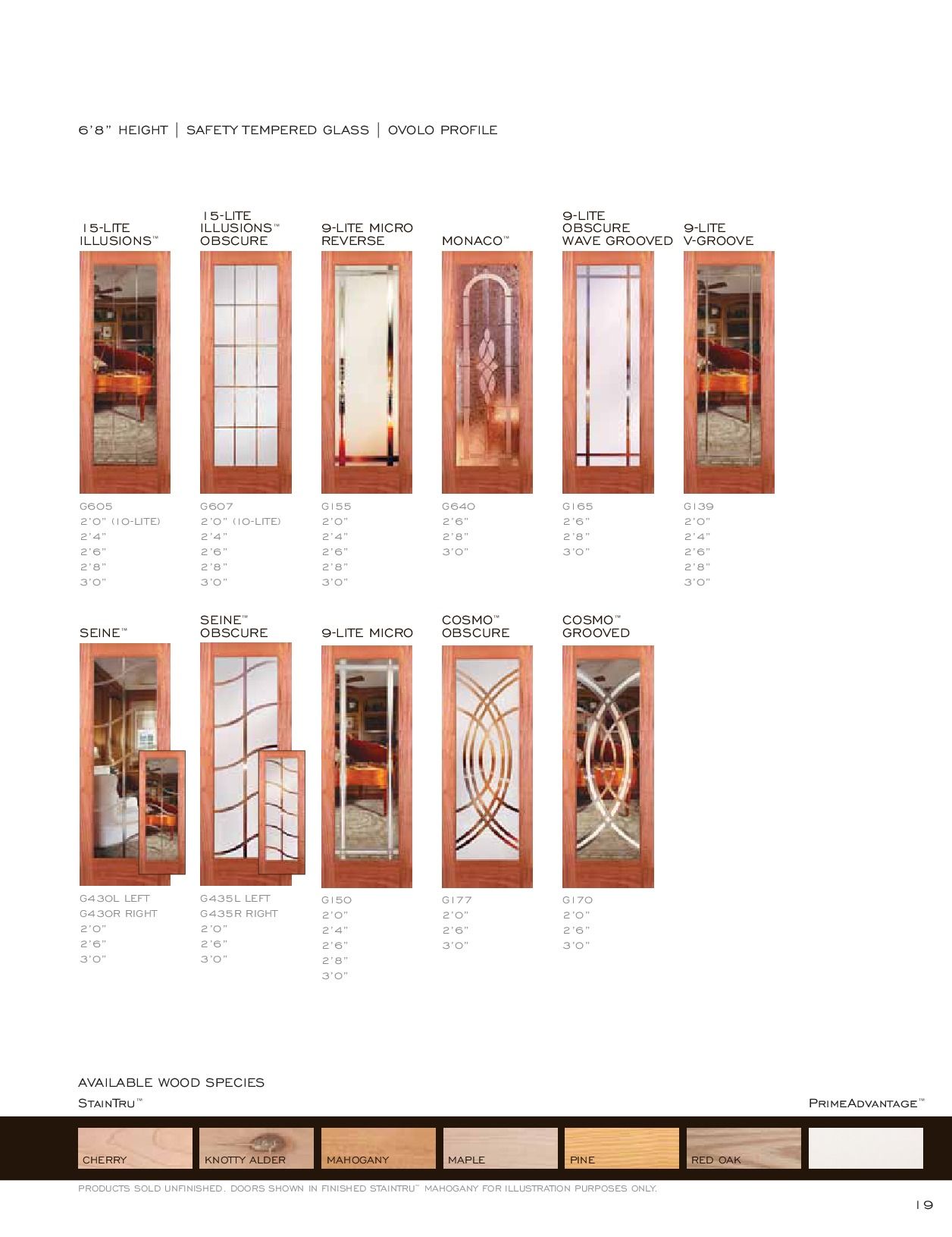 Variety of wooden doors with decorative glass inserts, presented for sale.