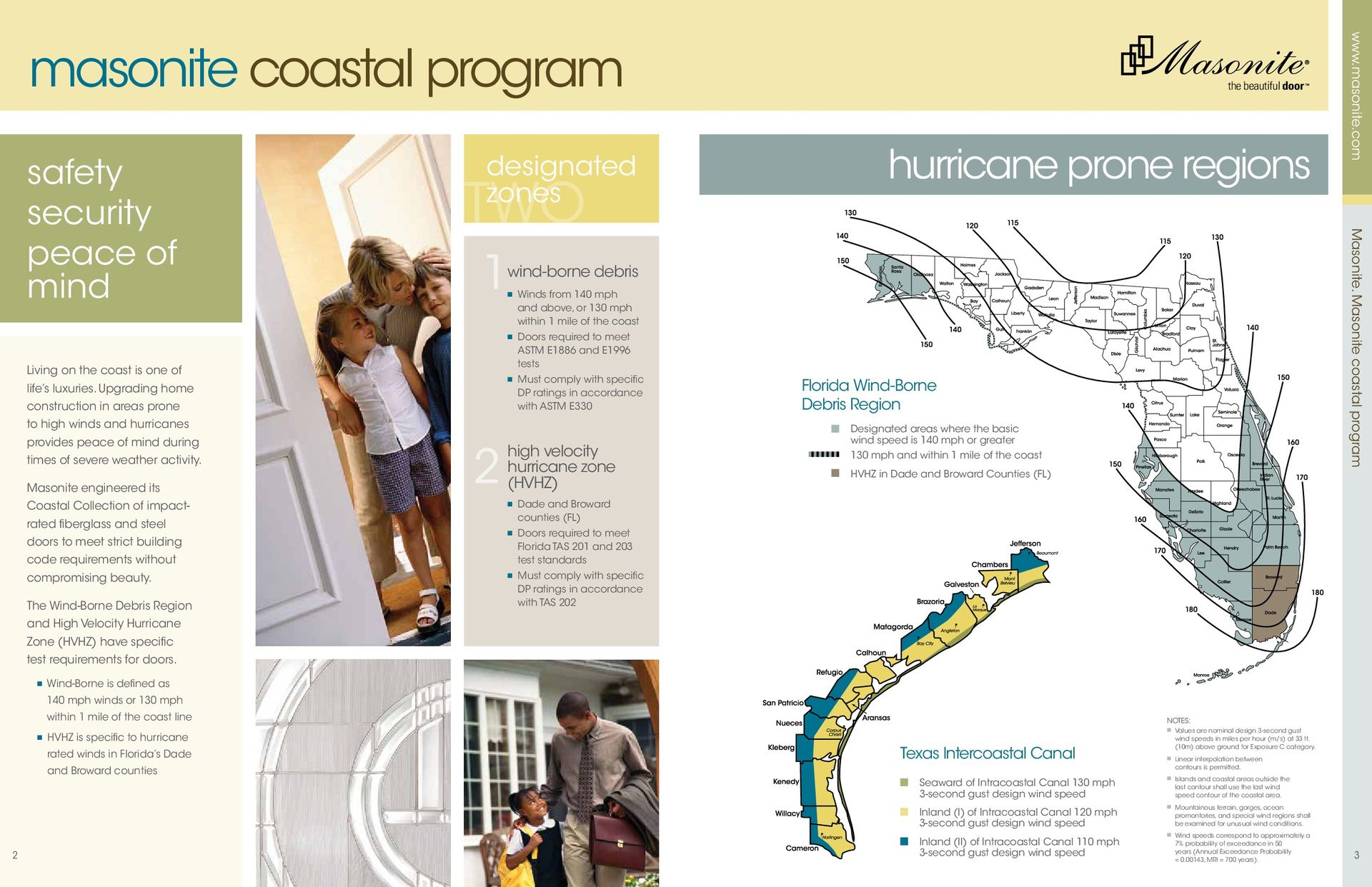 Mascnite Coastal Program brochure: families, hurricane zones map, text promoting safety and security.