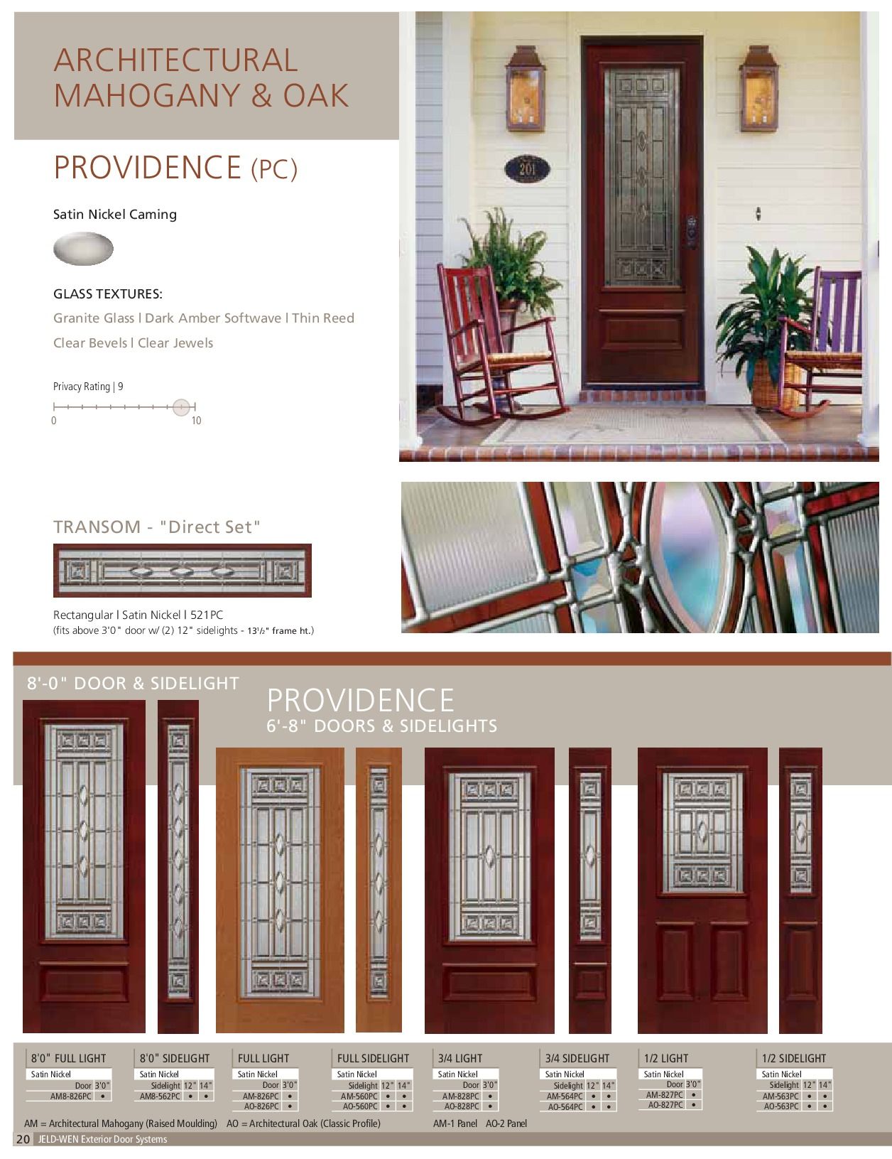 Architectural mahogany and oak door catalog: Providence (PC) door style examples. Mahogany door with glass panels on a house.