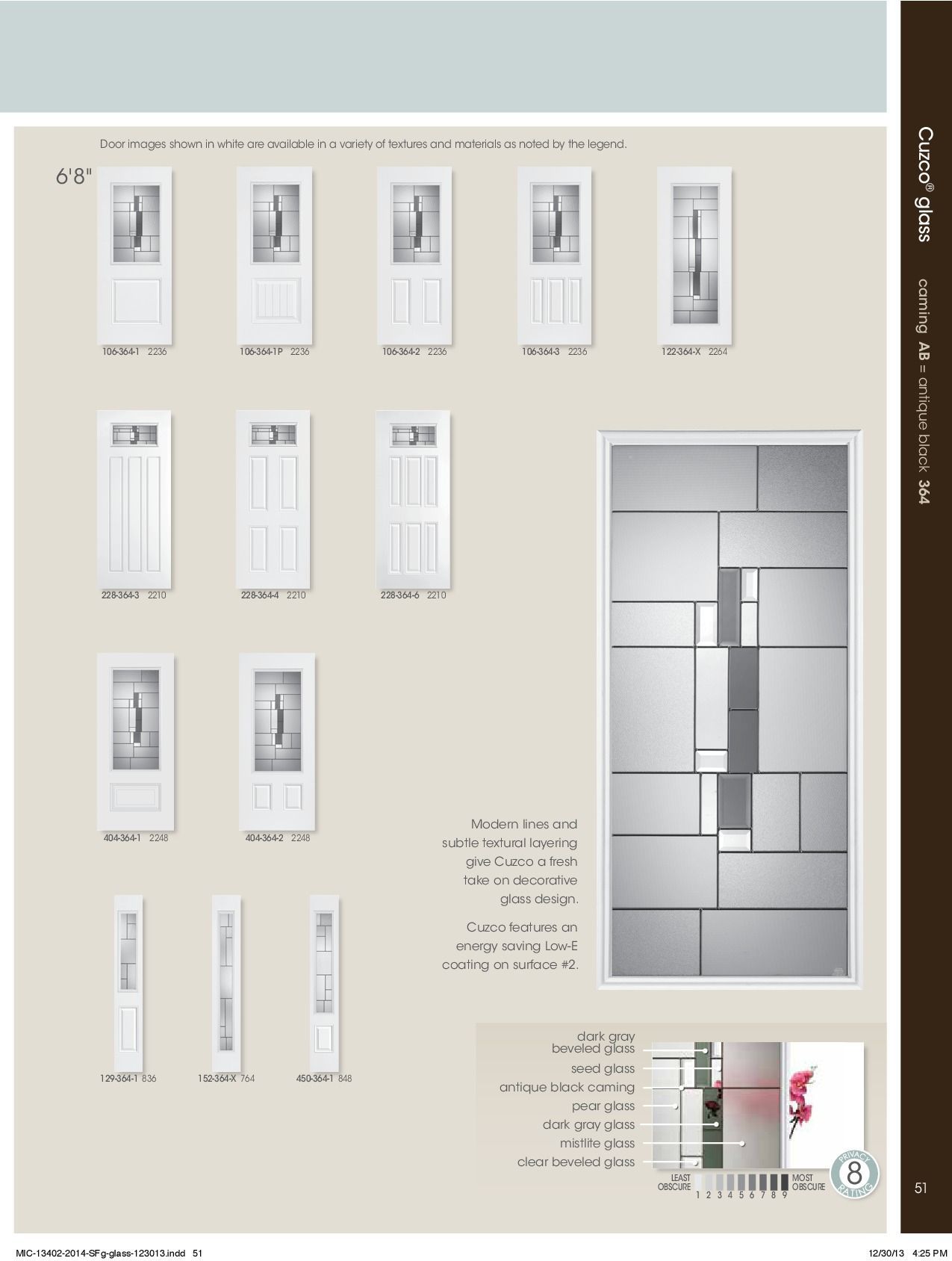 Catalog page of white front doors with various glass panel designs.