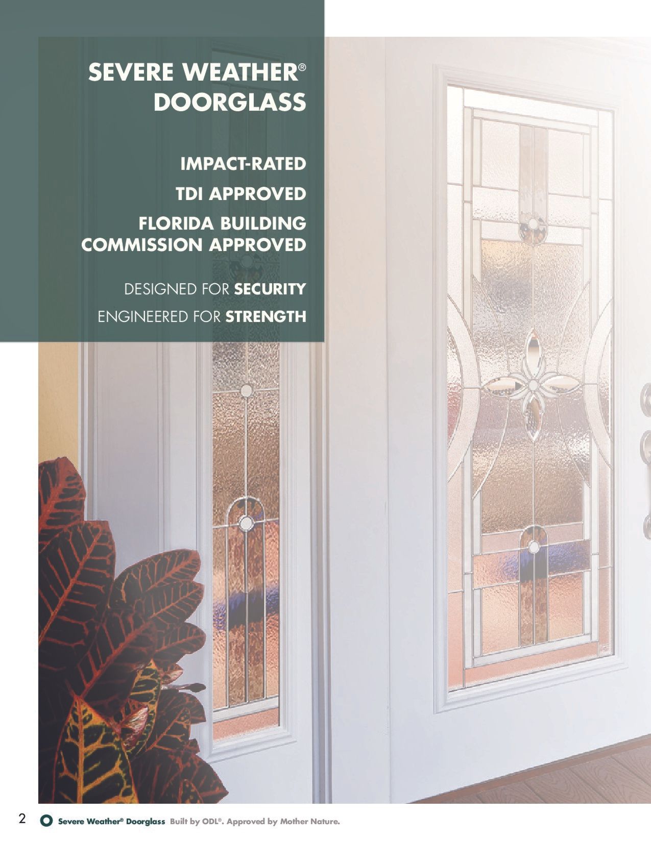 Severe weather door glass: white door with decorative glass panel, designed for security and strength.