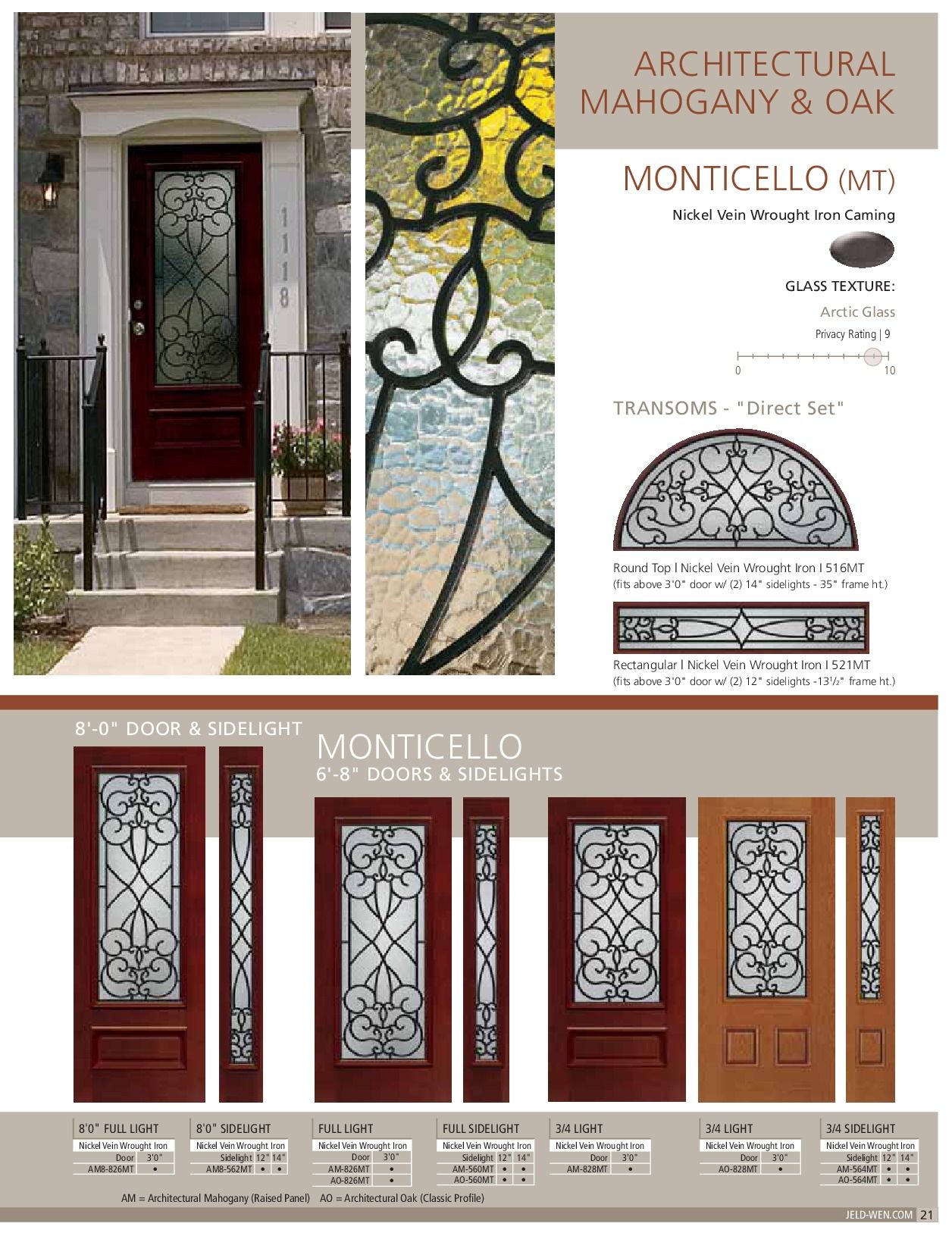 Mahogany and oak doors with glass panels. Ad displays different designs, including a curved transom, and side panels.