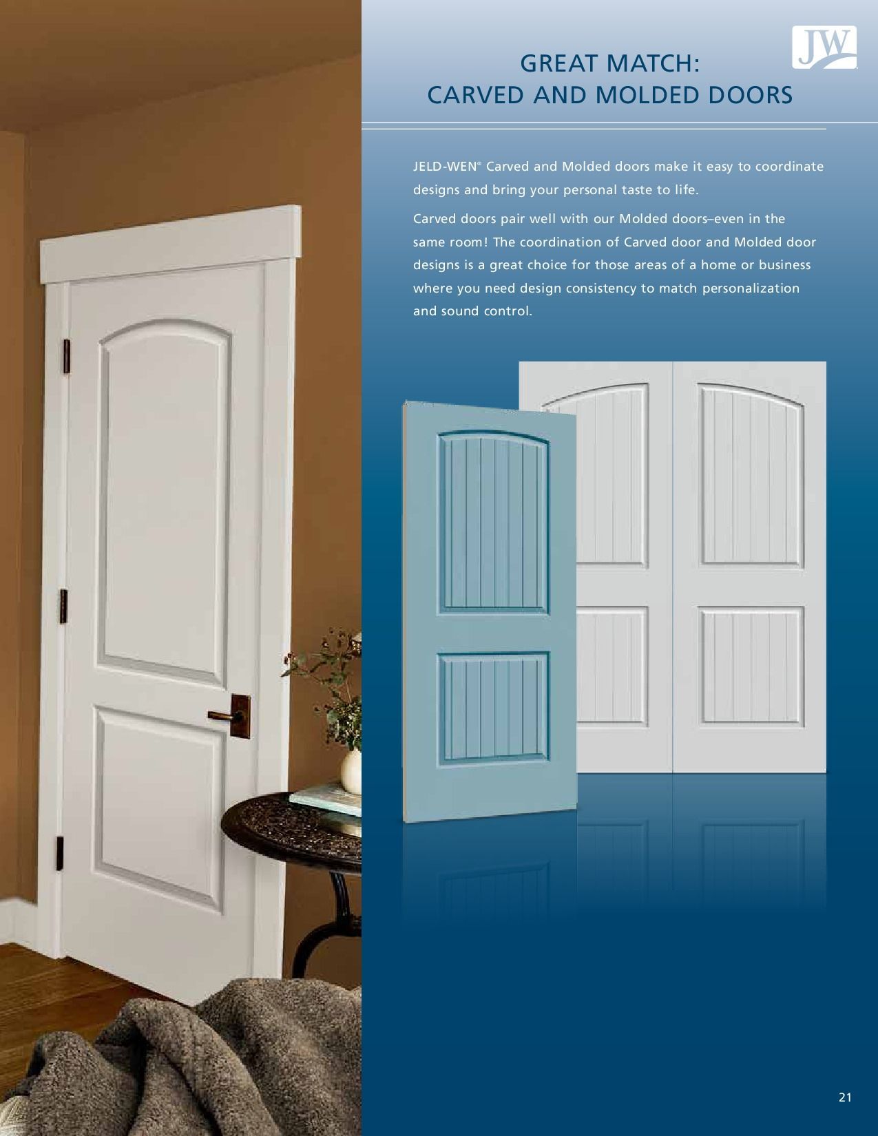 White interior doors with molded and carved designs; blue background with text.