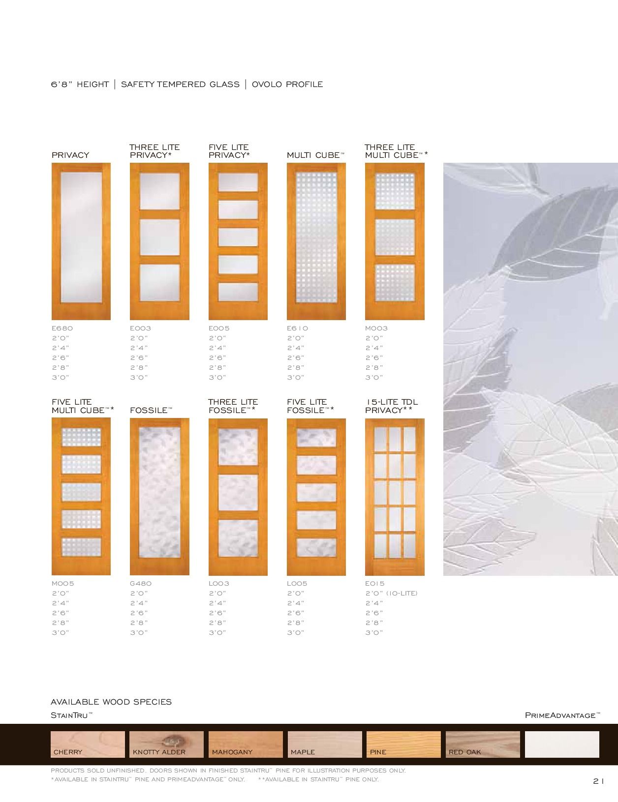 Wooden doors with glass panels in various designs and colors.